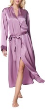 Lavenderi Womens Long Classic Satin Kimono Lounge Bathrobe RobeM,Light Purple