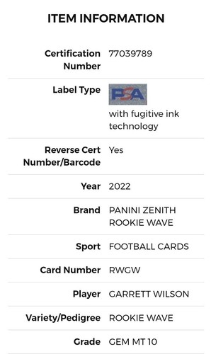 GARRETT WILSON 2022 PANINI ZENITH ROOKIE WAVE #RWGW RARE PSA GEM MINT 10 CHROME - Picture 4 of 5