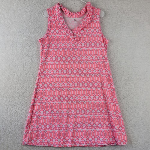 Lulu B Medium ärmelloses Kleid V-Ausschnitt Rüschenkragen rosa/weiß Geo Print UPF50+