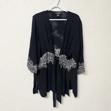 Citron Cardigan Robe Size 2X 100% Silk Open Front Black Elastic Tie Waist