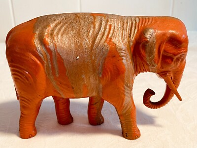 LARGE 6 1/2'' VINTAGE ORNAGE & SILVER GOLD CELLULOID ELEPHANT MADE IN USA