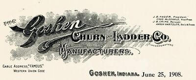 1908 IN Goshen Churn & Ladder Co Three Piece Trade Lot Illustrated Letterhead