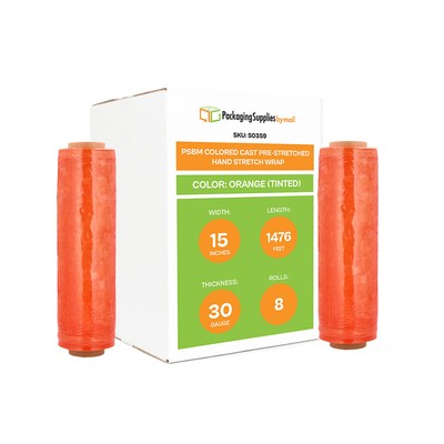 8 Rolls - Orange 15'' x 1476' Packing Pre-Stretch Hand Shrink Wrap Film 30 Gauge