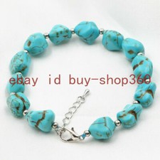 10-14mm Natural Blue Irregular Turquoise Gemstone Beads Bracelet 7.5''