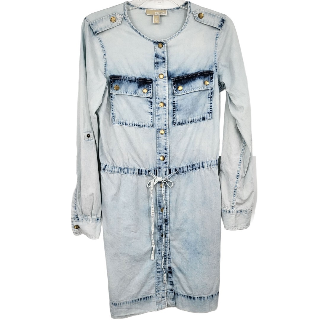 Michael Kors XS Acid Wash Chambray Shirtdress Snap Front Pocket Roll Tab Romper
