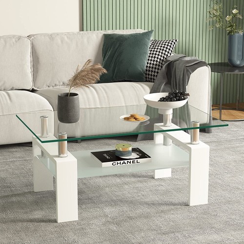 Modern Rectangle Glass Coffee Table Side Center Table with Shelf for Living Room - Picture 18 of 34