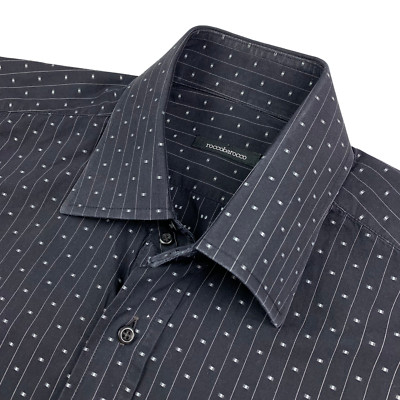 Roccobarocco Men's Dress Shirt Black/White Striped/Geometric   15 3/4 | 40
