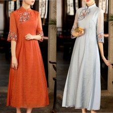 Women Ethnic Tea Dress Midi Retro Embroidery Cheongsam Mandarin Collar New
