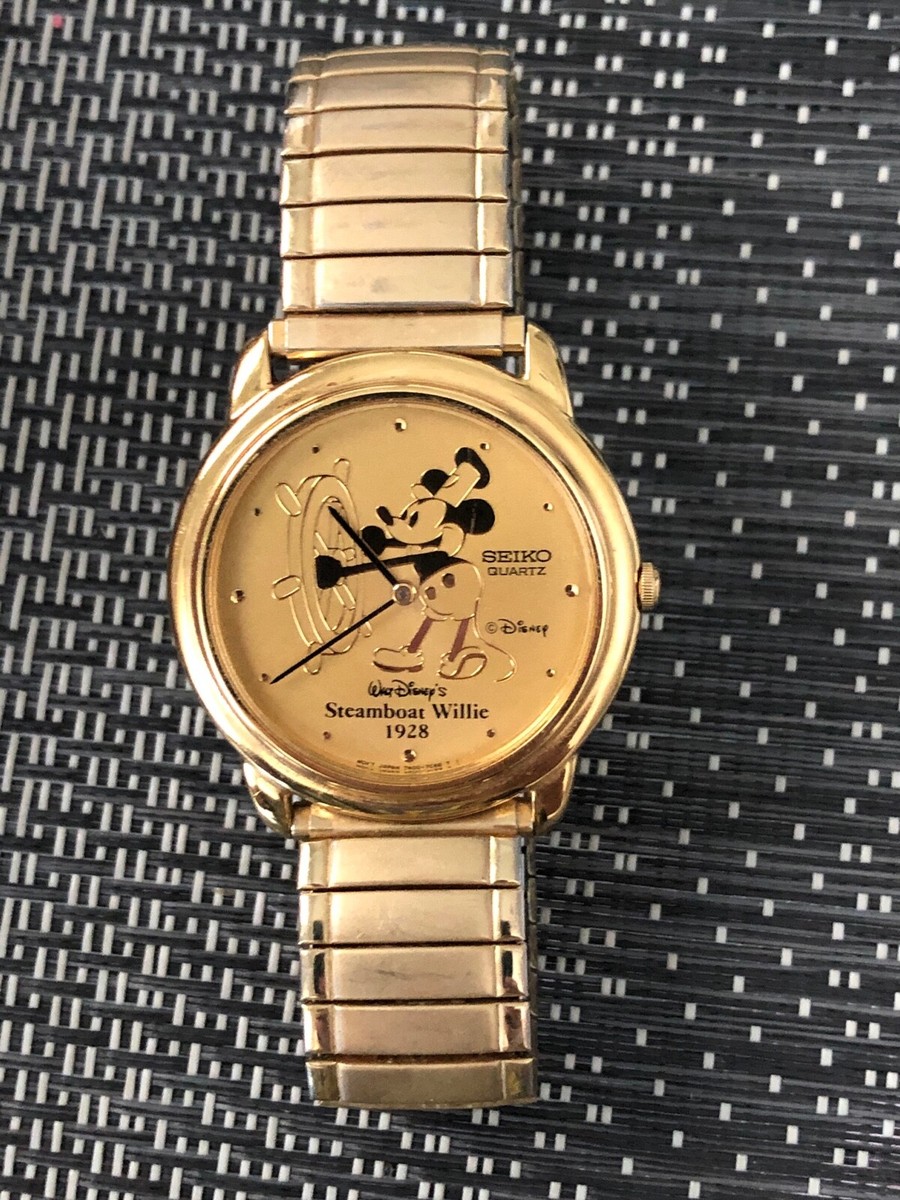 STEAMBOAT WILLIE RARE VINTAGE SEIKO WATCH GOLDEN SPEIDEL WRISTBAND WALT  DISNEY