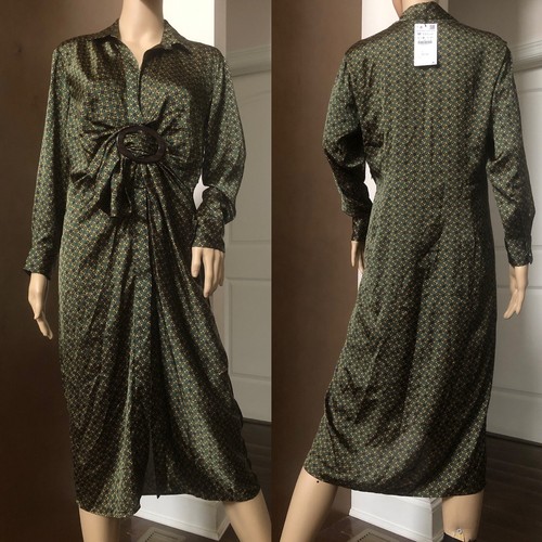 LETZTE Größe M Neu mit Etikett Zara FLASCHENGRÜNES MIDIKLEID MIT KETTENMUSTER UND SCHNALLE 8088/722 - Bild 10 von 12