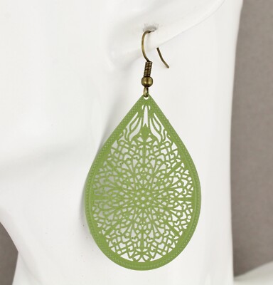 Olive Green earrings teardrop dangle shiny VERY lightweight