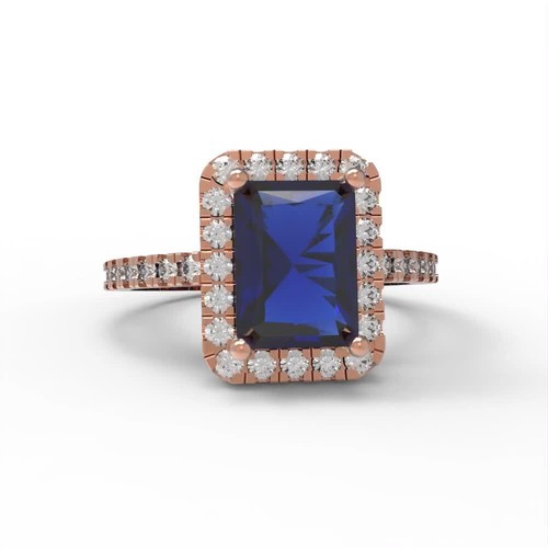 Anillo de compromiso con halo de zafiro azul simulado corte esmeralda de 1,86 quilates, oro rosa de 14 quilates - Vídeo 1 de 1