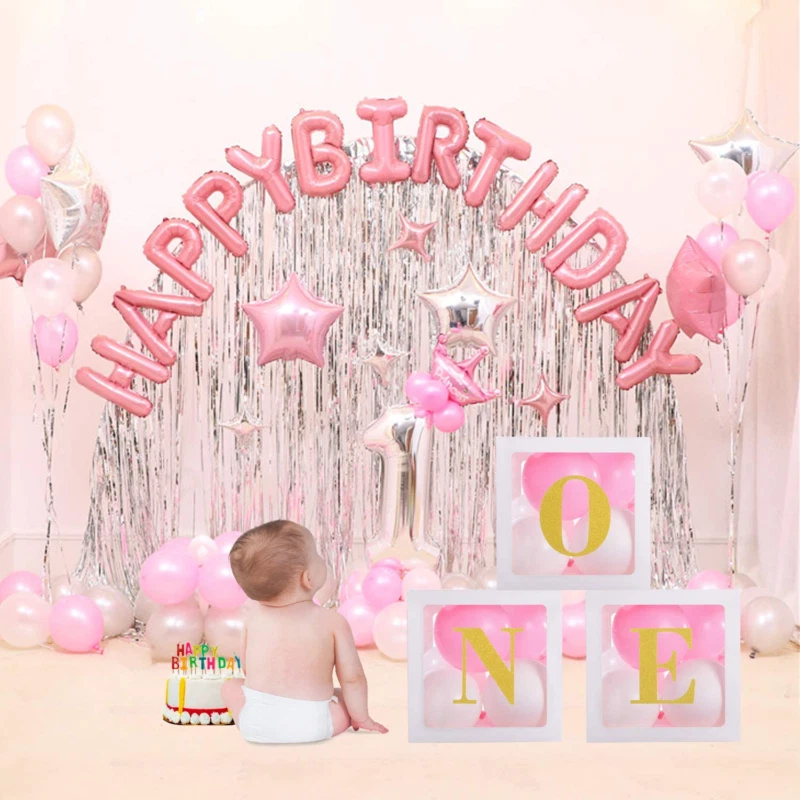 Baby Birthday Party Boxes Decorations for 2 Year Old Girl Blocks Balloons  Boxes