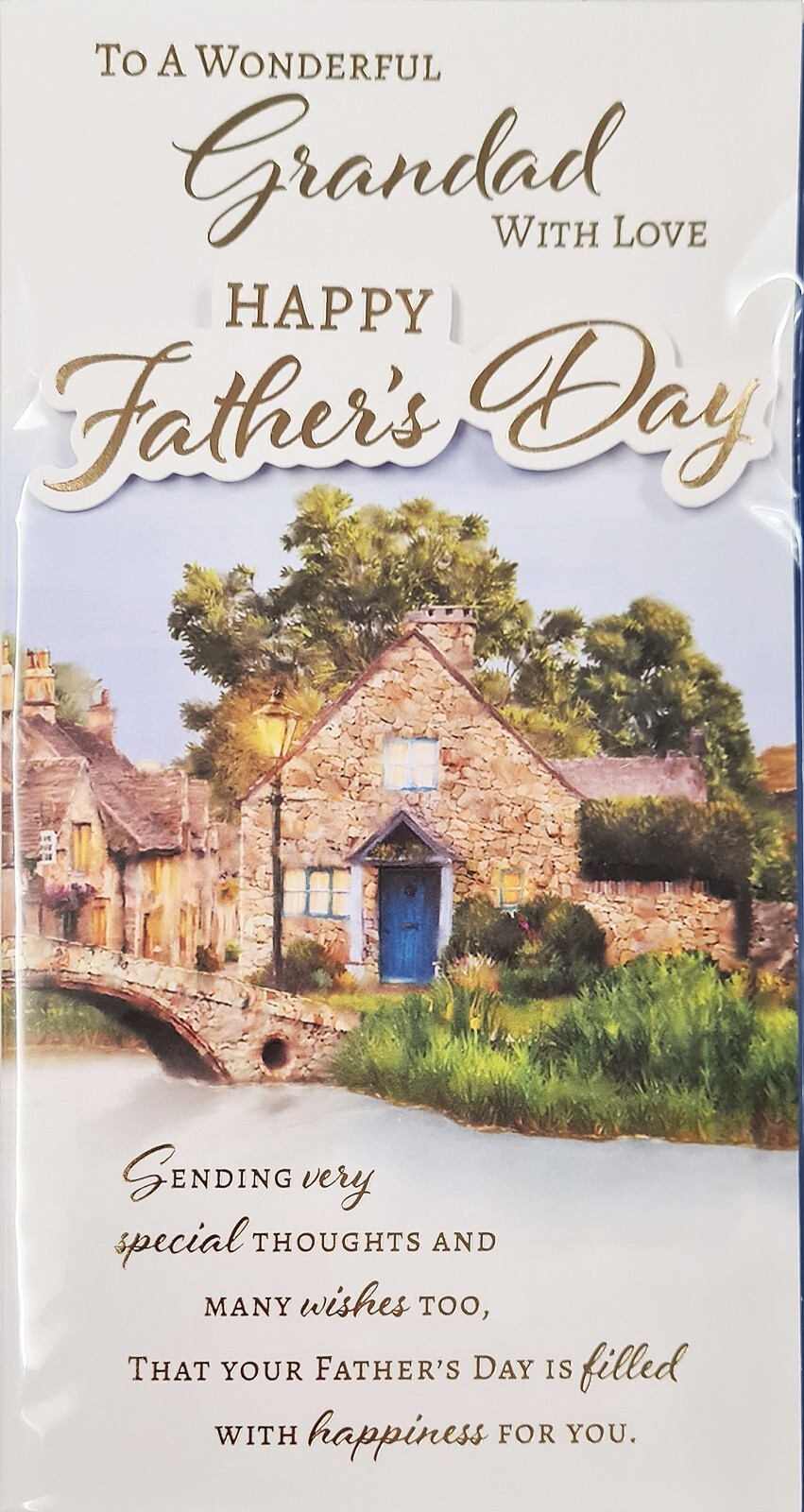 Happy Father's Day Card - Wonderful Grandad - Country Cottage Lake Bridge Scene