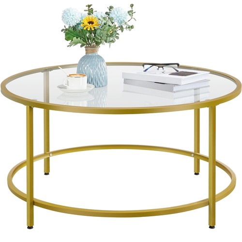 36in Round Coffee Table, Modern End table with Metal Frame & tempered Glass Top - Picture 3 of 15