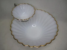 Anchor Hocking Fire King Chip Dip Set w Bracket Rachel Pattern Gold Rim Scallop