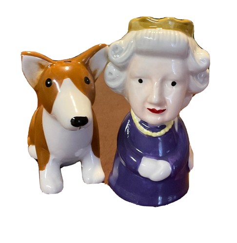 Queen Elizabeth and Corgi Salt Pepper Shakers by Puckator Figurines Royal Family