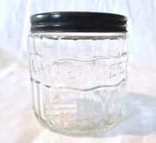 VINTAGE LATHER KREEM CLEAR GLASS JAR w/BLACK METAL LID A.J. KRANK CO. USA