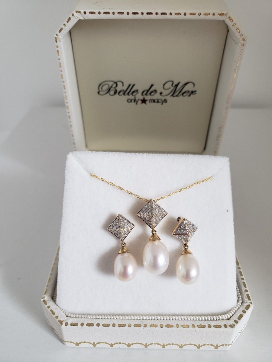 Belle de Mer Cultured Pearl/Opaque Pearl Necklace/Earrings Set 14KY CFWP  1/8CT