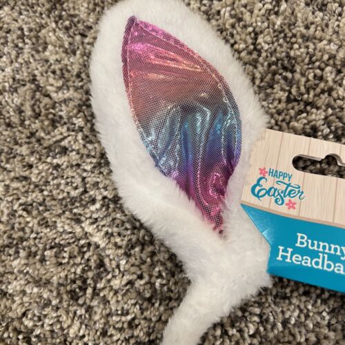 Happy Easter Furry White Bunny Metallic Rainbow Ears Headband NWT - Picture 7 of 8