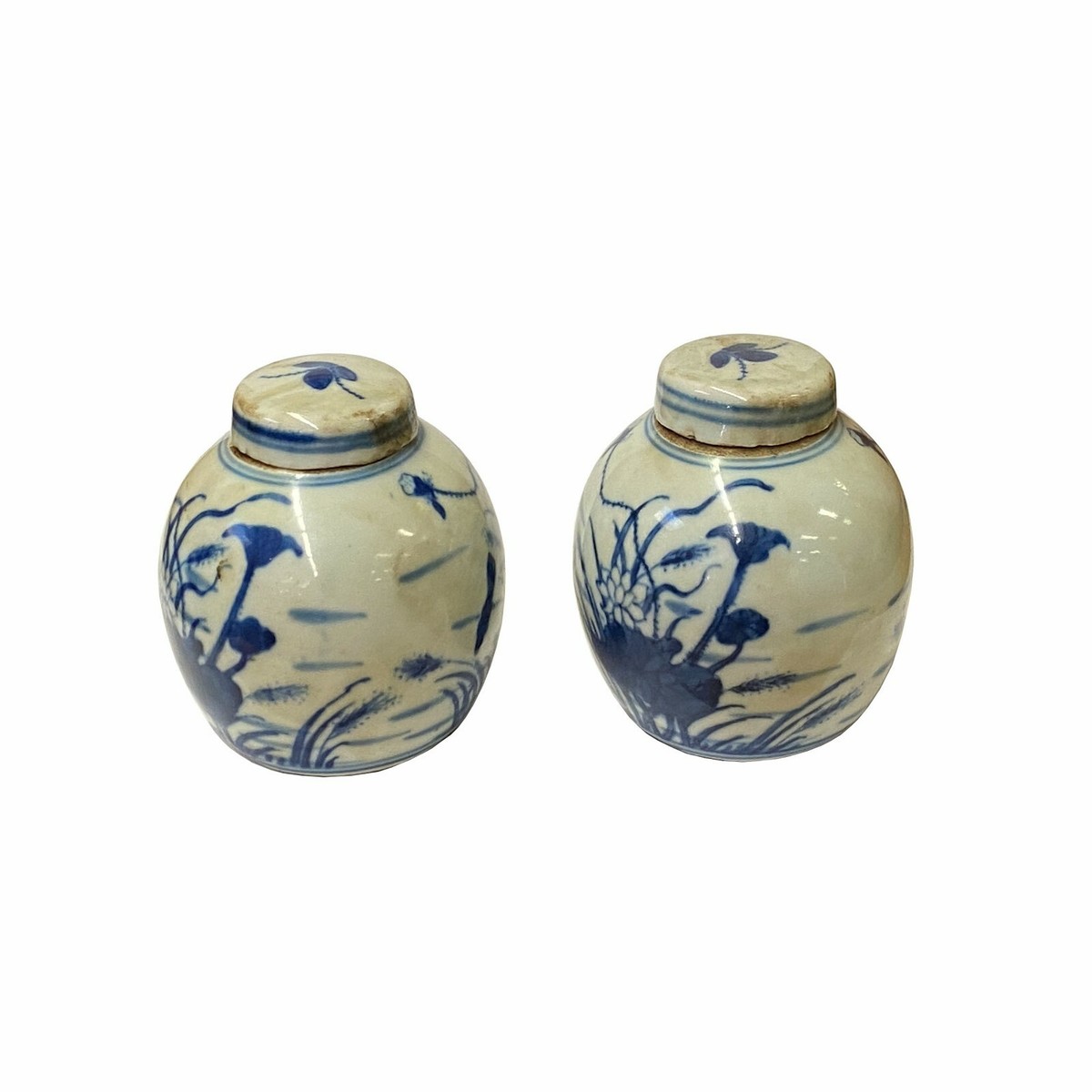 Pair Blue White Mini Oriental Flower Graphic Porcelain Ginger Jars ws1873S Pair Blue White Mini Oriental Flower Graphic Porcelain Ginger Jars ws1873S