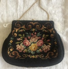 Vtg Needlepoint Tapestry Carpetbag Purse/Evening Bag Floral with Mirror Pouch
