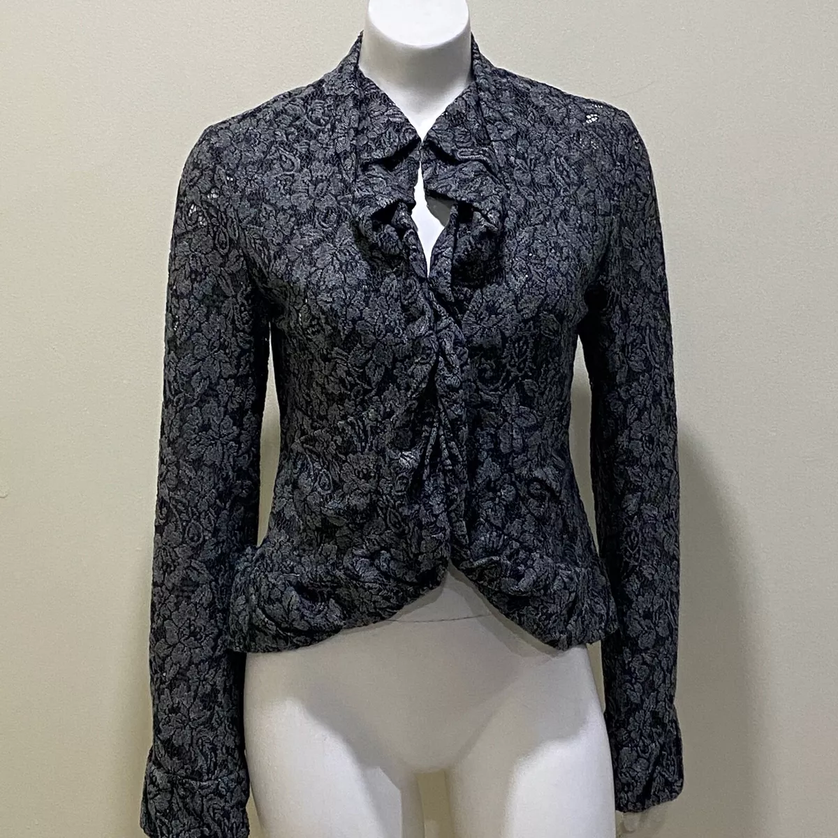 Yansi Fugel Jacket Women's Size 4 Gray Metallic Fringe Crochet Blazer | eBay