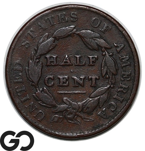 1828 Half Cent, Classic Head, 13 Stars, Early Date Copper - Picture 2 of 3