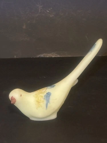 Fenton Light Green Satin Frosted Glass Bird Figurine Handpainted Signed