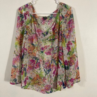 Rafaella Floral Blouse Womens Small Multicolor Sheer Tie Neck BOHO