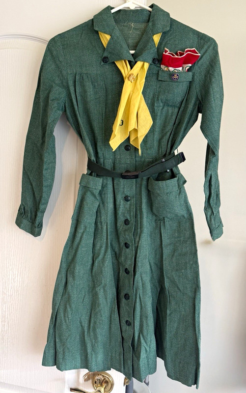 1948 Girl Scouts Green Uniform, Scarf, Belt Buckle, Socks, Pins, handkerchief