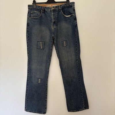 Luca Denim Distressed Patchwork Bootcut Jeans Herren W36 L34 blau