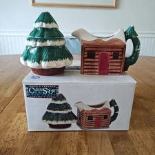 Tienshan Folkcraft Cabin In The Snow Creamer & Sugar Bowl w/Box Rustic Christmas
