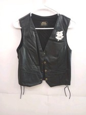 HOG SKINS Leather Vest Women's SMALL Black Snap Button USA Biker Motorcycle