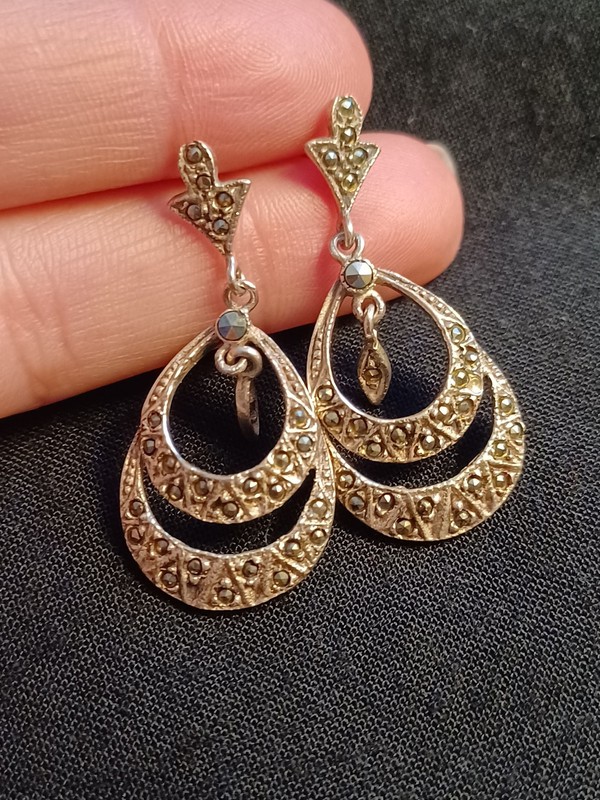 Vintage Sterling Silver Drop Marcasite Earrings Teardrop Deco Antique Sparkly 