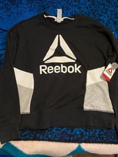 Reebok Colorblock Logo Sweatshirt Black White Gray Relaxed Fit Crew Neck L