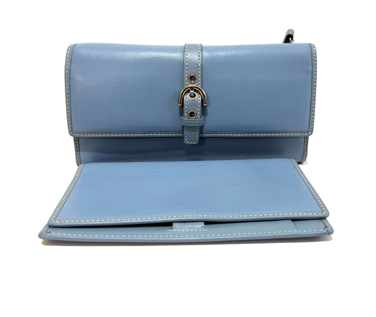 アクセサリー No.1288 Bluebird 1300 & VAN DELUXE MINT COACH VINTAGE SOHO SKY BLUE TRIFOLD CHECKBOOK LEATHER CLUTCH