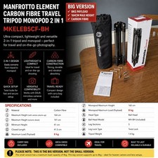 Manfrotto MKELEB5CF-BH Element Big Carbon Fibre Travel Tripod Monopod Boxed Kit