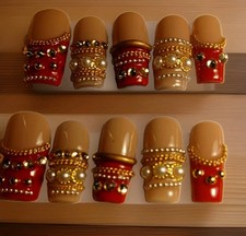 Square Press-On Nails Beige/Red/Gold Pearl 3D Full Size Med Cover Pre-Designed