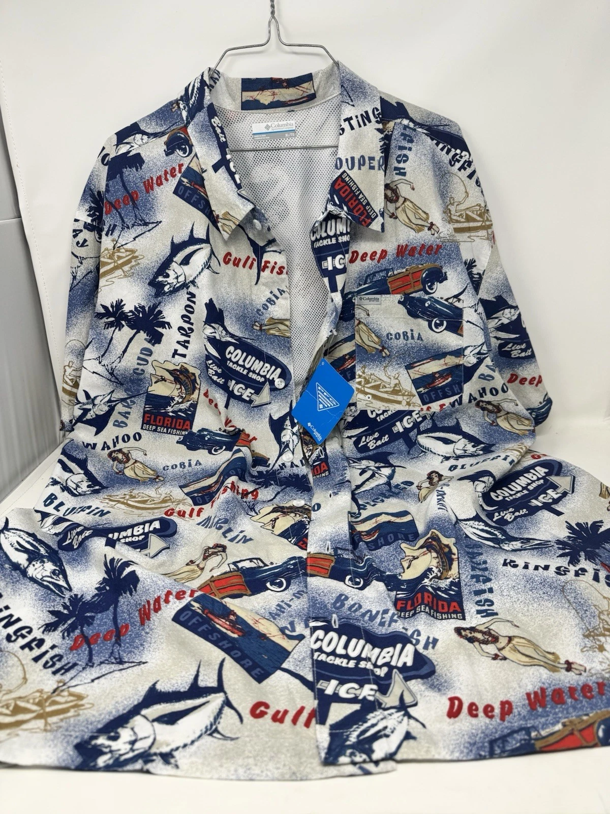 Columbia PFG Men’s Blue Hula Print Fishing Shirt SzXl Short Sleeve New With Tags