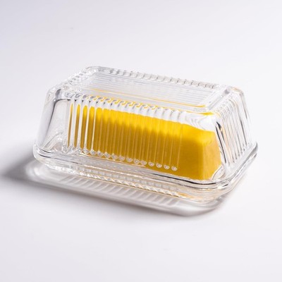 Reversible Glass Butter Dish with Lid, Modern Wide Covered Clear Crystal