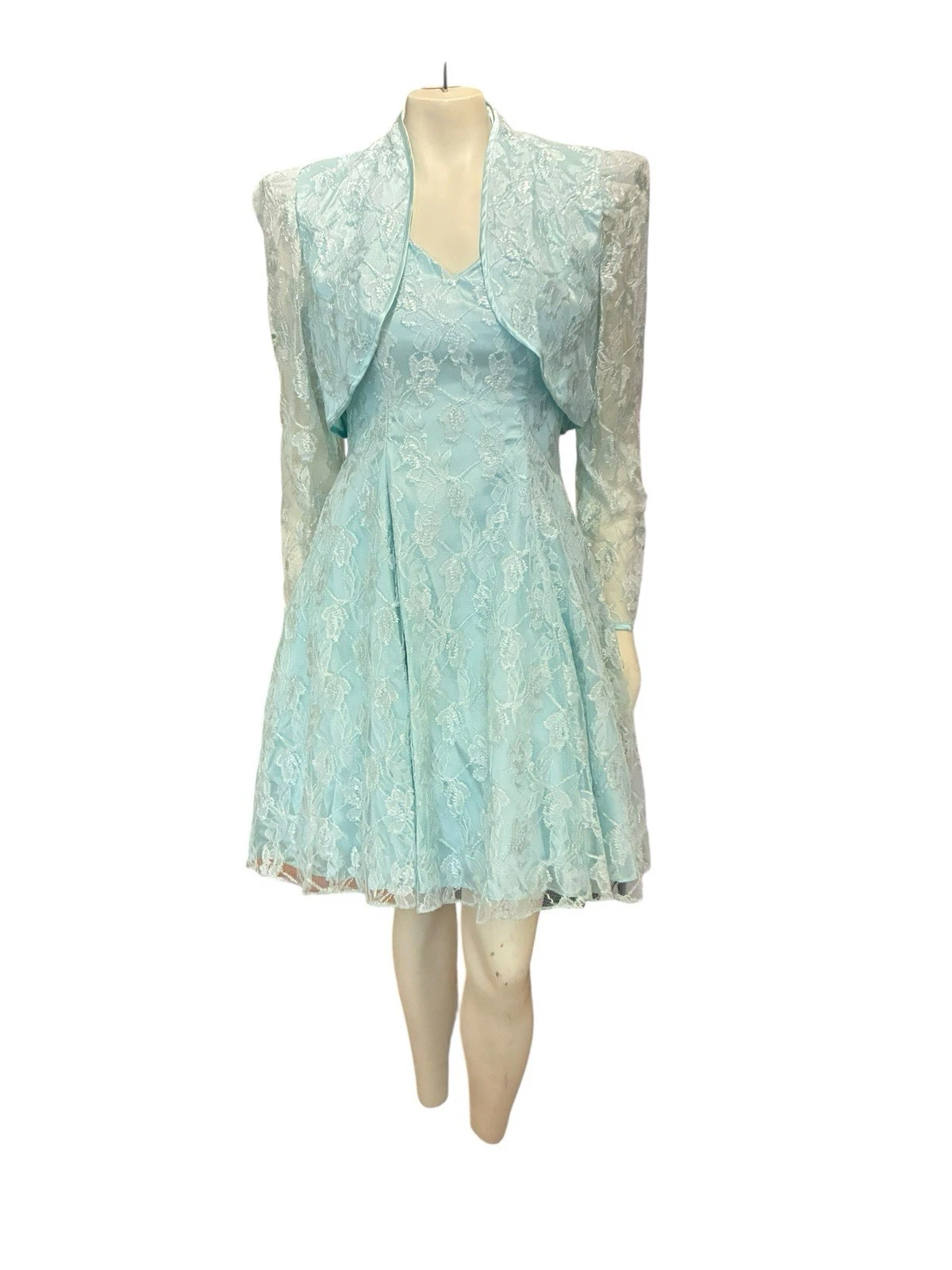 Vtg Legends By Linda Berger Aqua Lace Halter Dress & Jacket Set 80’s 90’s