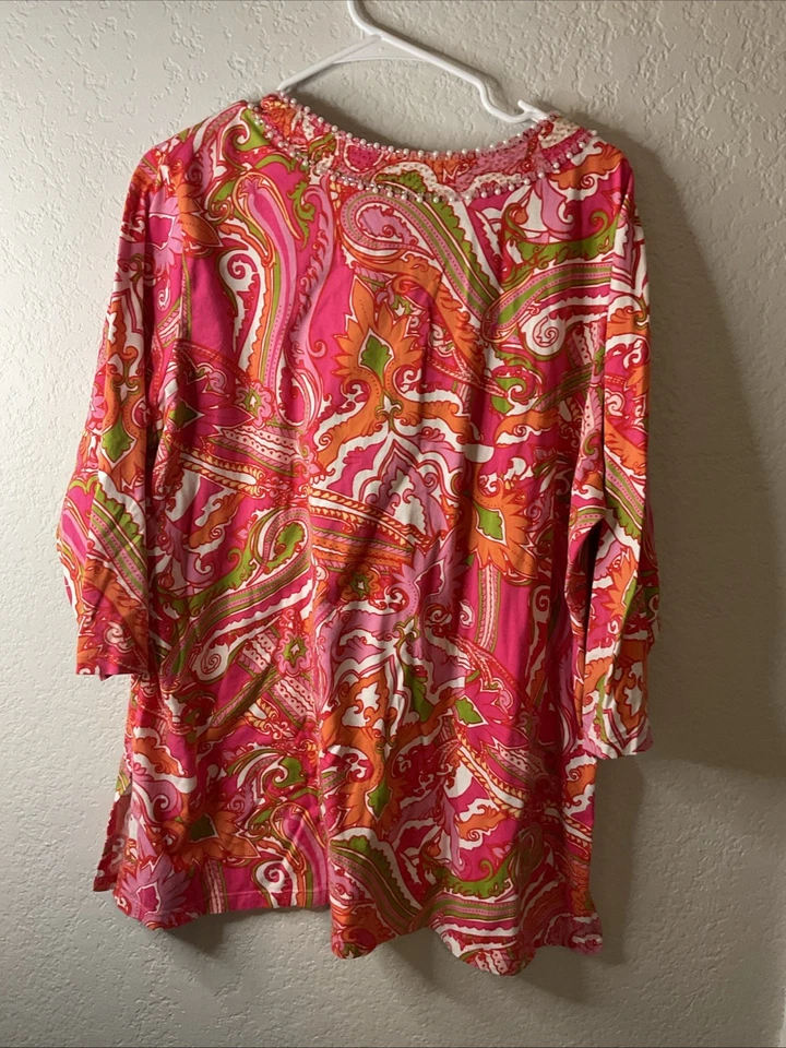 Top para mujer Soft Surroundings talla 1X túnica rosa cachemira cuentas algodón boho usado en excelente estado Foto 4 de 4