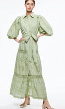 ALICE + OLIVIA LILLY GREEN TEA EYELET COLLARED PUFF SLEEVE MIDI DRESS SIZE 2 NWT