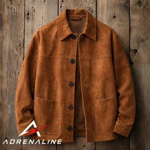Mens Suede Leather Jacket Western Cowboy Coat Buttoned Down Jacket Classic Tan image 4