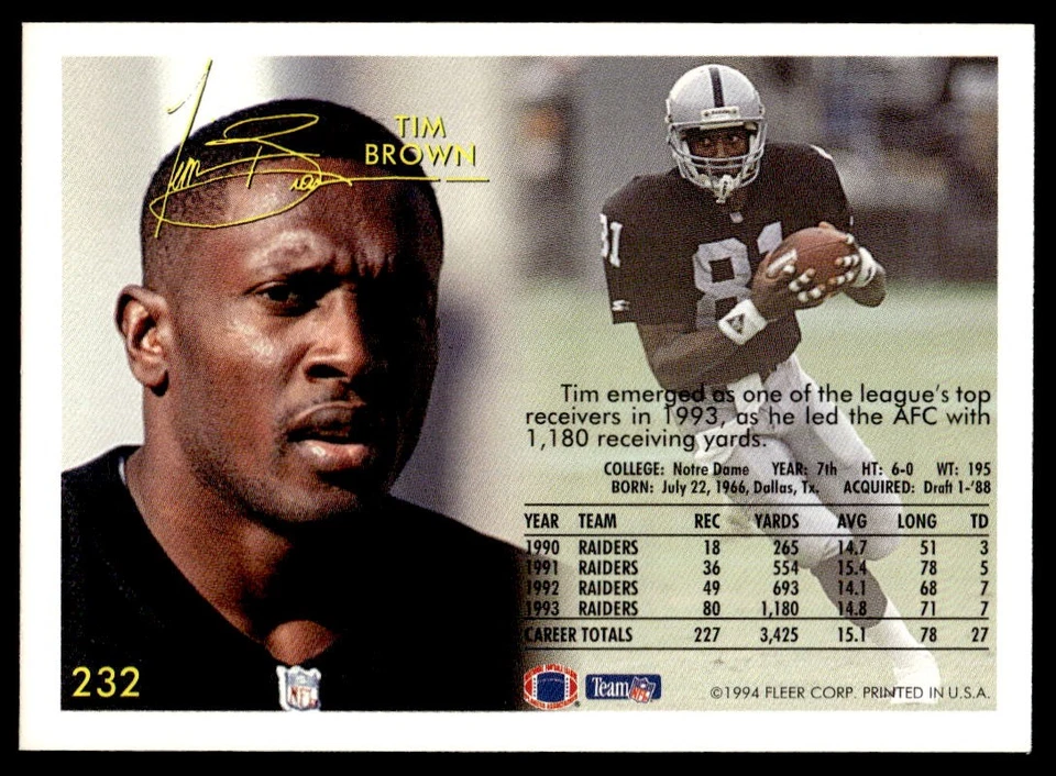 1994 Fleer Tim Brown #232 Los Angeles Raiders - Image 2 of 2