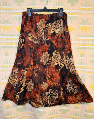 R.Q.T. Brown Orange Beige Floral Chiffon Midi A-Line Skirt Womens Size 8 Y2K