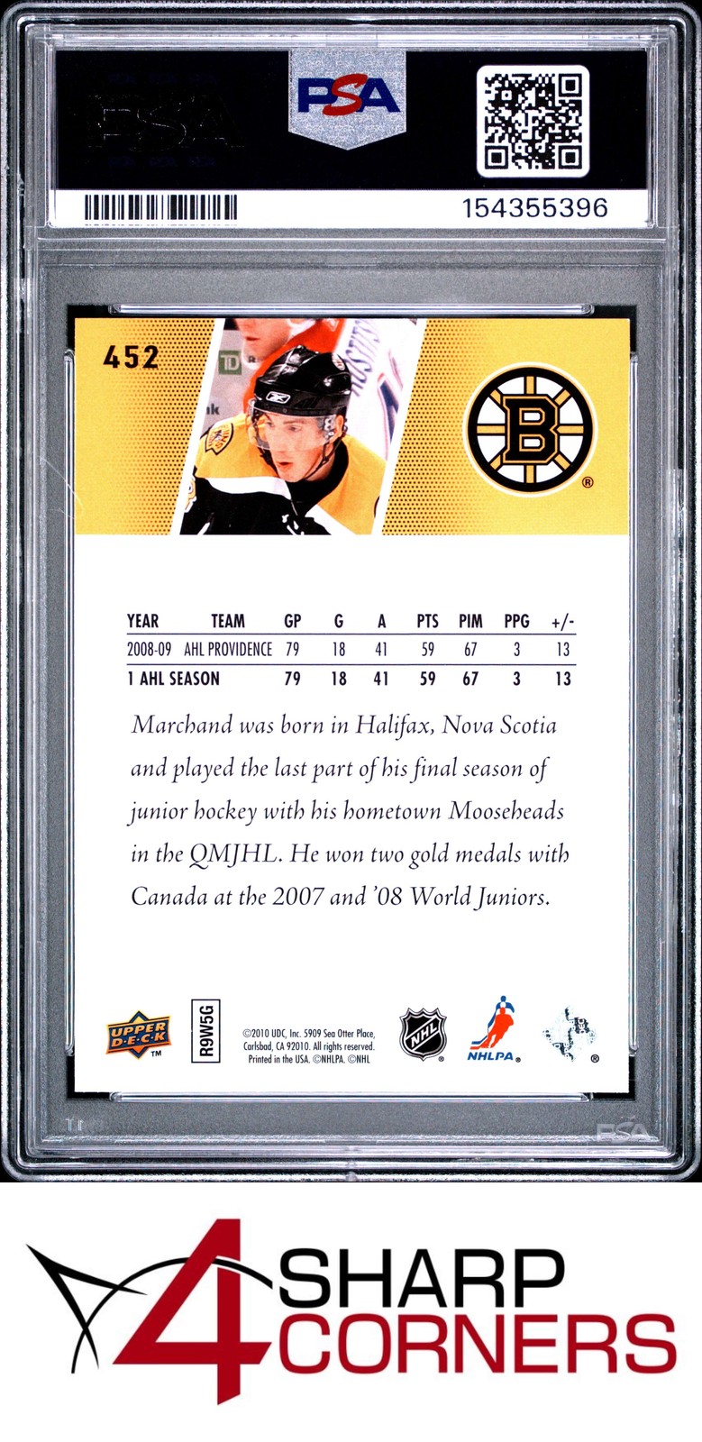 2009 UPPER DECK #452 BRAD MARCHAND RC BRUINS YOUNG GUNS POP 3 PSA 8.5 view 2