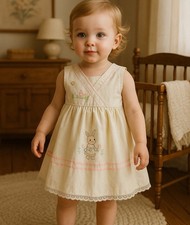 Vintage 1980s Toddler Bunny Embroidered Dress 24M Beige Peasant Cottagecore