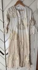 Debbie Katz Beige Gold Cotton Floral Midi Boho Dress S V-Neck 3/4 Sleeve Button